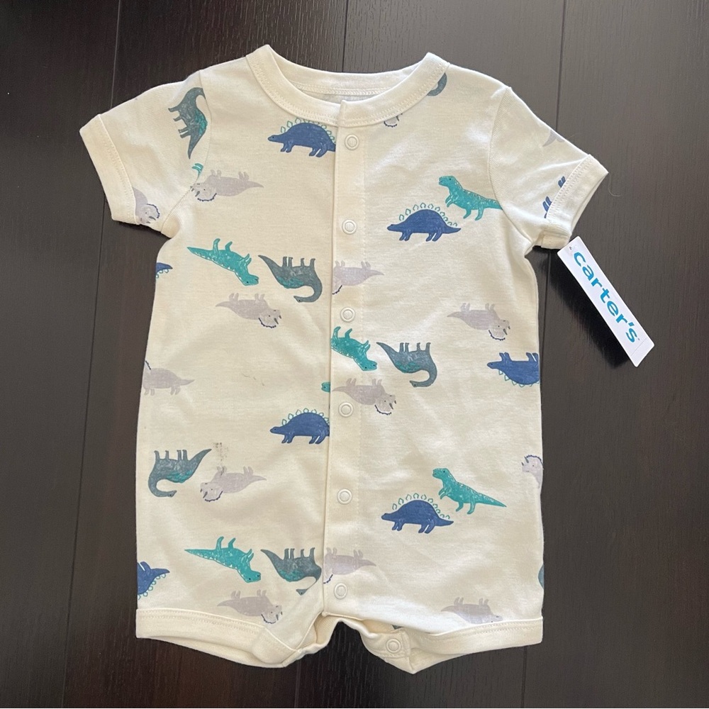 Carter's Cream Romper with Blue and Green Dinosaurs